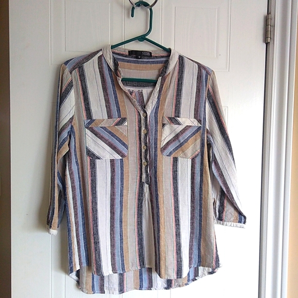 Ness Linen Multicolored Striped Shirt with Buttons and 3/4 Sleeves - Picture 11 of 11